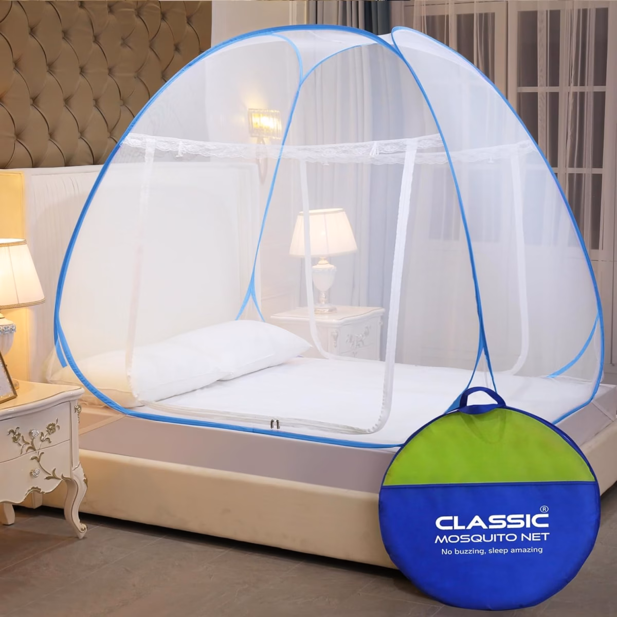 Classic Mosquito Net for Double Bed | Queen Size Foldable Machardani | Strong Polyester 30 GSM Net | PVC Coated Steel Frame - Image 1